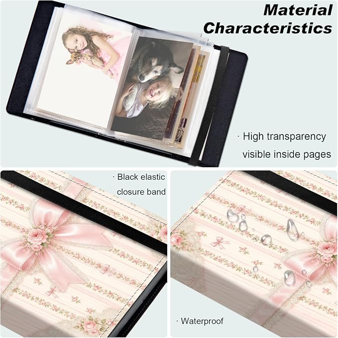 Small Photo Album 5x7, 60 Pockets Holds 120 Photos, Slip-in Pocket Photo Storage Book with Black Elastic Band for Family Wedding Baby Travel Pictures, Pink Lace Bow Rose - Image 5