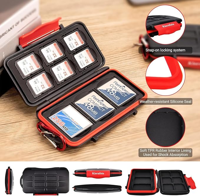 Kiorafoto 9 Slot Memory Card Case for 6 SD & 3 CF,IPX5 Water-Resistant | Anti-Shock,Memory Card Holder for 6 SD SDHC SDXC & 3 CF Compact Flash Cards,Hard Shell with Rubber Interior & Carabiner - Image 2