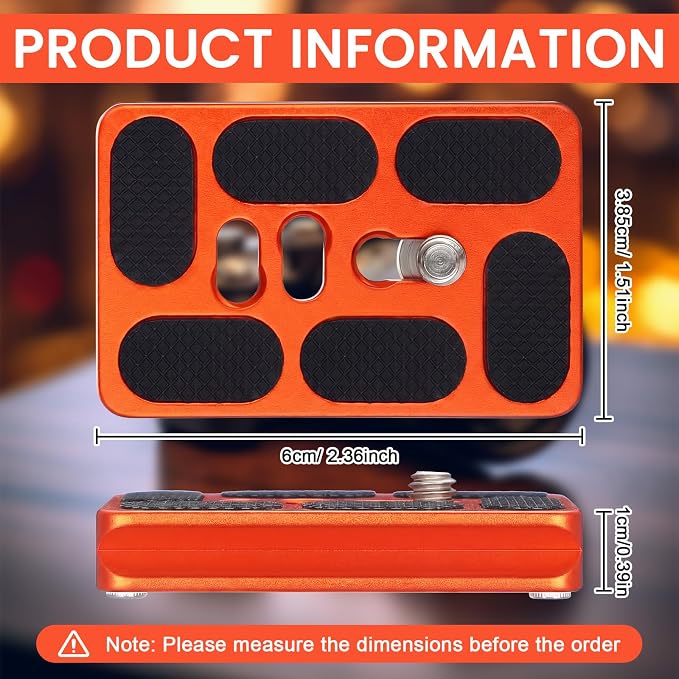 Frienda Quick Release Plate Tripod 1/4-20 DSLR,Pu60,Orange | Tripod Mount Plate, Camera Tripod Mount for DSLR Camera Tripod Ball Head , Metal, 1.9 x 1.5 x 0.4 Inch - Image 4