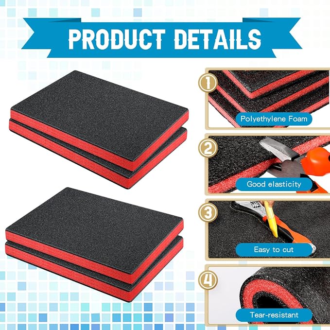 Outus 4 Pcs Cuttable Polyurethane Foam Pads Craft Foam Insert for Cases Packing Padding Camera Toolbox Storage(16 x 12 x 1 Inch,Red, Black) - Image 3