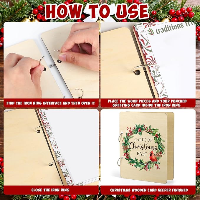 Wooden Christmas Card Organizer Merry Christmas Greeting Card Holder Xmas Holiday Post Cards Keeper Wood Memories Book or Binder for Storage Keepsake Album Photo Notes Gift Winter Past - Image 3
