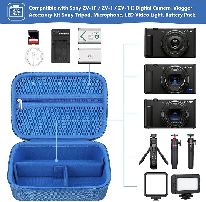 Hard Travel Case for Sony ZV-1F / ZV-1 / ZV-1 II Digital Camera, Protective Cases Bag Fits Vlogger Accessory Kit Tripod, Microphone, LED Video Light, Extra Zipper Pocket fit Battery Pack, Blue - Image 2