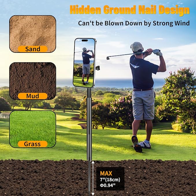 Golf Tripod & Monopod,Golf Swing Phone Holder,47.6" Magnetic Adjustable Aluminum Alloy Selfie Stick,Record Golf Swing and Training Aid,w/Spike Stake Mount,Compatible with All Phone Camera GoPro - Image 2
