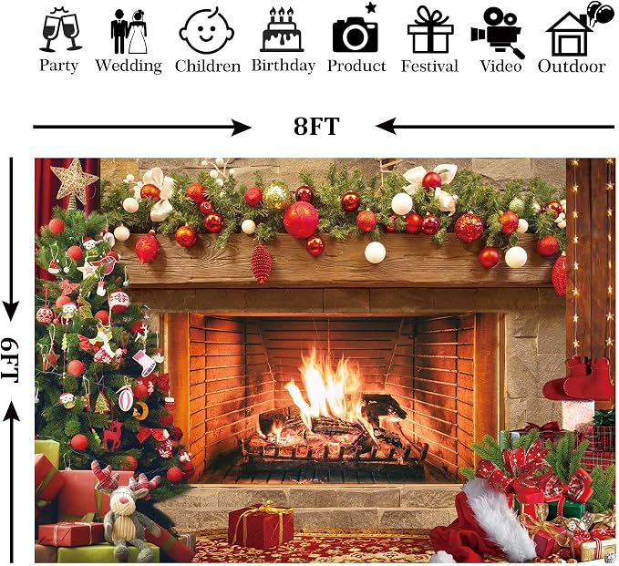 8x6ft Polyester Fabric Christmas Fireplace Backdrop Vintage Xmas Tree Sock Background Photography for Kids Portrait Party Decorations Photo Studio Booth Props Decor Supplies - Image 6