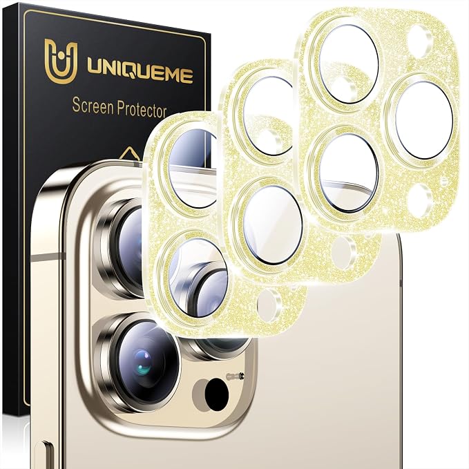 UniqueMe for iPhone 14 Pro Max/14 Pro Camera Lens Protector-Glitter Golden | 3 Pack-Acrylic, Not Glass, Case Friendly, Scratch-Resistant, Night Shooting Mode by UniqueMe