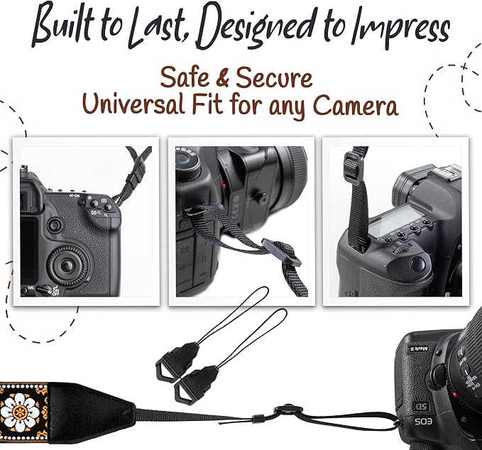 Art Tribute Camera Strap - Shoulder, Crossbody & Neck Camera Strap for Photographers, Fits All Cameras, Canon Nikon Sony Fujifilm, Padded Strap W/Quick Release, Embroidered Cotton & Leather Ends - Image 7