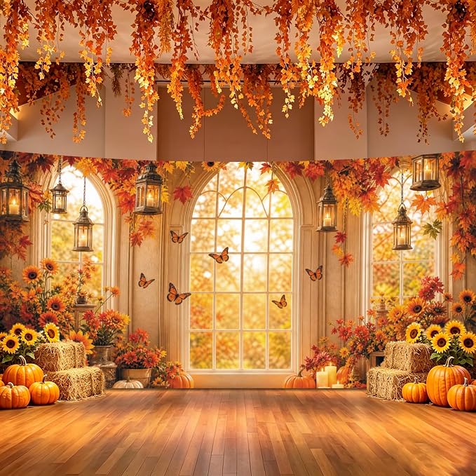 Fall Butterfly Floral Backdrop for Photography 20x10ft Autumn Window Pumpkin Maple Flowers Backdrop Thanksgiving Theme Background Birthday Party Decorations Photo Booth Props Vinyl - Image 3