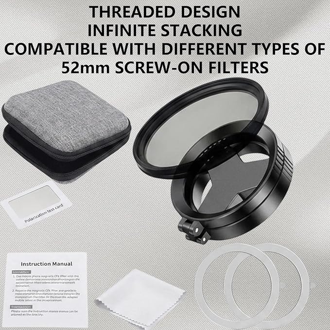 Anti-Glare Magnetic Phone Filter, 52mm Polarizing Lens for Smartphone Photography, Reduces Reflections Enhances Colors, Complete Kit with Test Card Cleaning Cloth Magnetic Rings and Storage Bag - Image 2