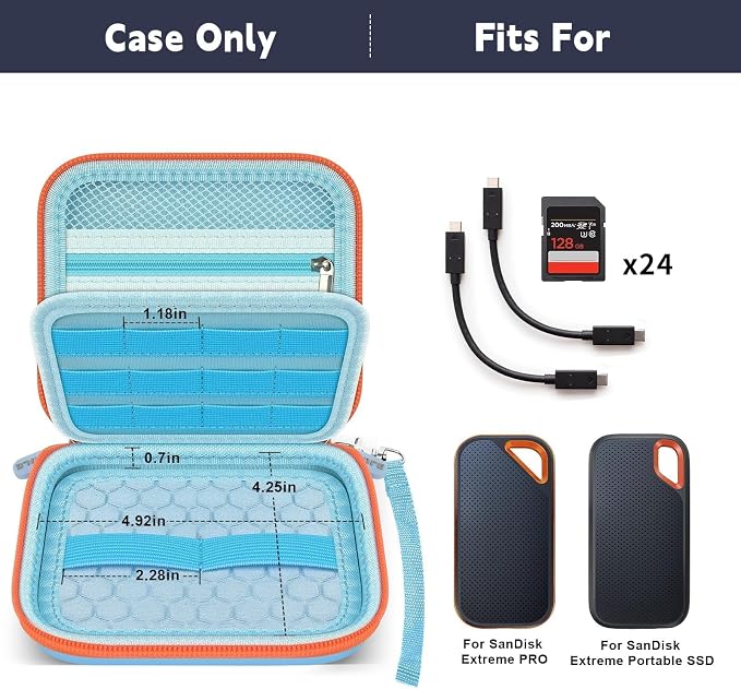 PAIYULE Dual SSD Case for 2 SanDisk Extreme Portable SSDs & Extreme PRO | Elastic Straps Secure Two Drives, Mesh Pocket Organizes Cables, Carabiner Adds Portability, Blue, Case Only - Image 3