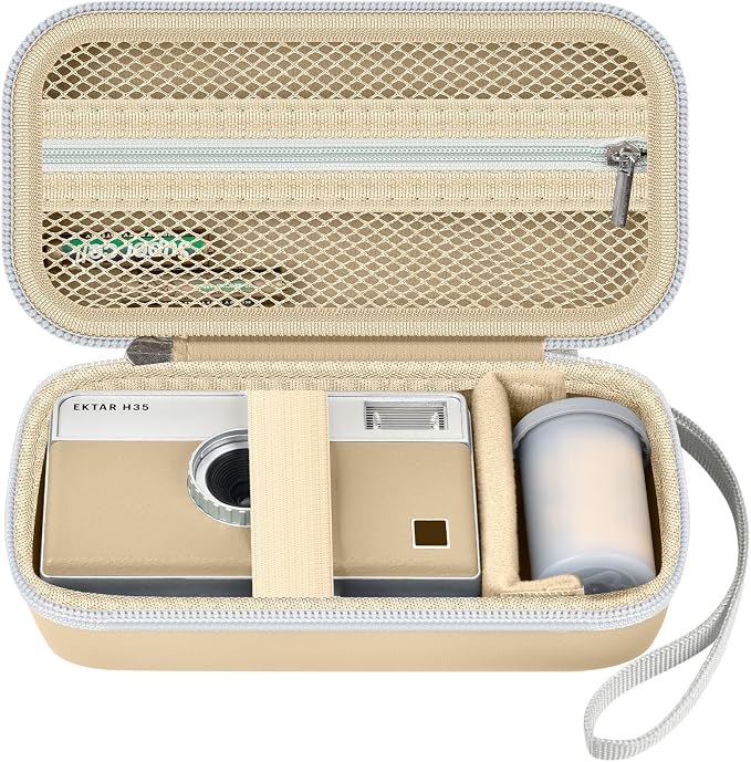 Film Camera Case for Kodak EKTAR H35 H35N Half Frame Film Camera | Camera and 35mm Film Rolls Storage, Mesh Pocket for Small Accessories, Travel and Home Organization; Slim, Beige, Case Only by Grapsa