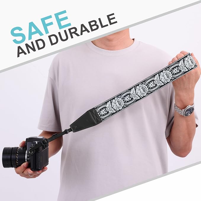 Padwa Lifestyle Camera Strap - 2" Full Grain Leather Ends Camera Straps for Photographers, Vintage Embroidered Cotton Weave Soft Suede Fabric Padded Strap Quick Release fits All Cameras - Image 7