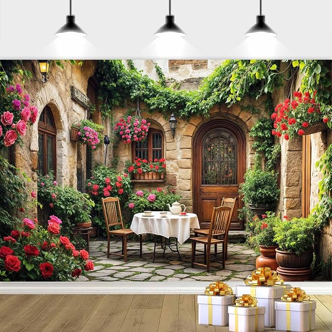 5X3ft Italian Theme Backdrop Italy Town Street Backdrop for Photography, Europe Village Town Landscape Photography Background Garden Tea Party Barnner Photo Studio Props, Color-1 by DRGILAU