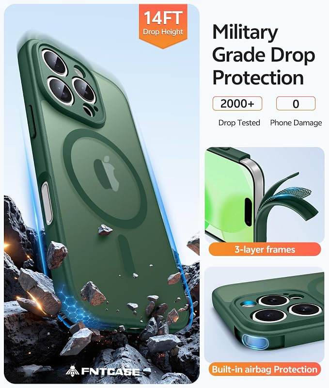 FNTCASE for iPhone 16 Pro Max Case, Fit for Magsafe, Glass Screen Protector | Full Camera Protection, Translucent Matte, 14FT Military Grade Drop Proof, Shockproof Protective Phone Cover, Green - Image 5
