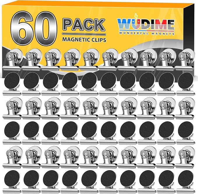 60 Pack Fridge Magnet Refrigerator Magnets, Strong Magnetic Clips Whiteboard Magnets, Magnet Clips Heavy Duty, Clip Magnets for Photo Displays, Home, Office, Classroom, Silver by WUDIME