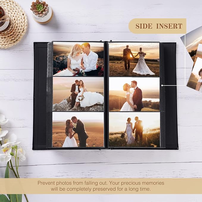 potricher Small Photo Album 4x6 300 Photos, Leather Cover, Black | Leather 4x6 Picture Album with 300 Horizontal Pockets, Photo Book for Family, Wedding, Anniversary, and Baby - Image 3