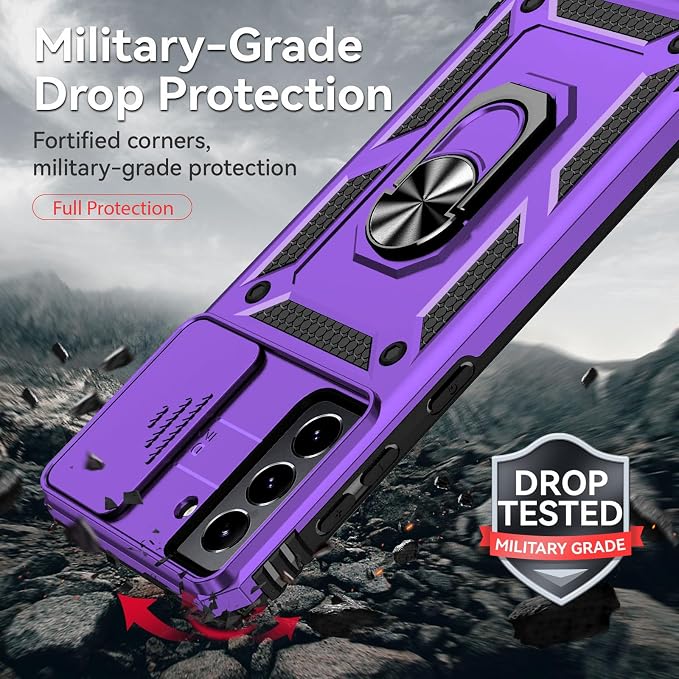 HNHYGETE for Galaxy S21 Case with Screen Protector: [Military Grade 20ft. Drop Tested] Ring Shockproof Protective Phone Case for - Samsung Galaxy S21 (Purple) - Image 3