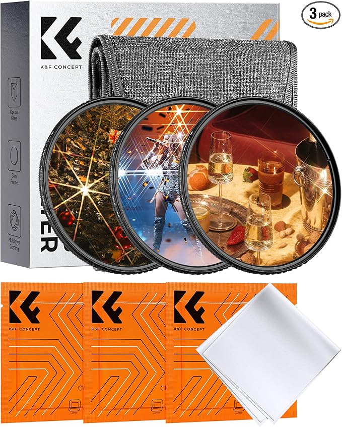 K&F CONCEPT 58mm Star Filters Kit 3pcs 4+6+8 Points Starburst Filters Set | 18 Layer Coating Ultra Slim Optical Glass Camera Lens Filter with 3 Cleaning Cloth Nano-K Series FS306 by KFCONCEPT