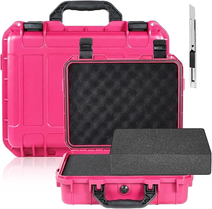 Relaxweex 1 Pcs 14.3 x 11.4 x 4.5 Inch Waterproof Hard Case with DIY Customizable Foam Insert Portable Protective Case with Knife for Camera Drones Equipments Tools Test Instruments(Rose Red) by Relaxweex