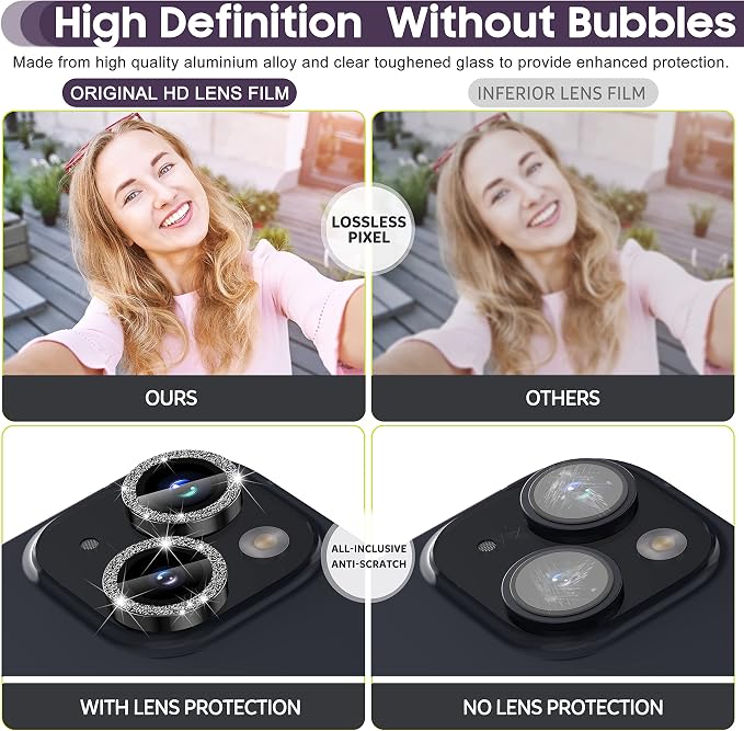 Suoman for iPhone 14 6.1 inch / 14 Plus 6.7 inch Camera Lens Protector, 9H Tempered Glass Film, Metal Frosted Independent Protective Cover [Glitter Diamonds] - Black - Image 5