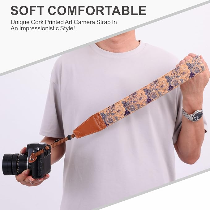 Padwa Lifestyle Cork Camera Strap - 2" Top Layer Cowhide Head Camera Straps for Photographers,Natural Log Crackle Art Print Style,Soft Chamois Velvet Padded Strap Quick Release fits All Cameras - Image 6