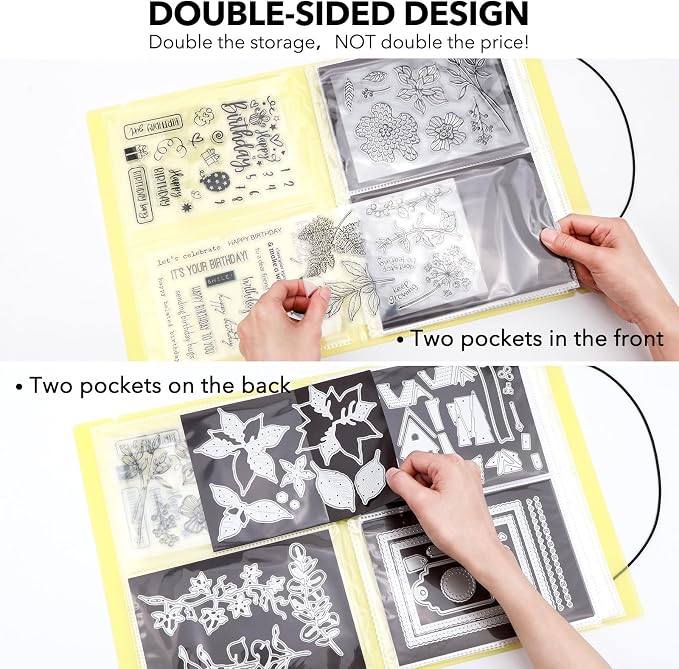 2 Pack Large Sticker Photo Storage Album, Stamp & Cutting Dies Storage Book Organizer Folder for Cards Storage DIY Scrapbooking Card Making Supplies 20 Pages 80 Pockets/Pack (Yellow + Green) - Image 3