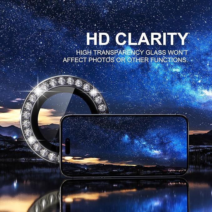 Choiche for iPhone 15 Pro/iPhone 15 Pro Max Camera Lens Protector | Ultra HD, Bling 9H Tempered Glass Camera Cover Screen Protector Metal Ring Decoration Accessories (Diamond-Black) - Image 5
