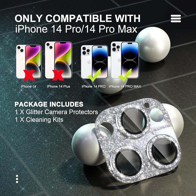 Choiche for iPhone 14 Pro/iPhone 14 Pro Max Camera Lens Protector | Bling Camera Cover with 9H Tempered Glass Lens Screen Protector Metal Ring Decoration Accessories (Glitter-Silver) - Image 2