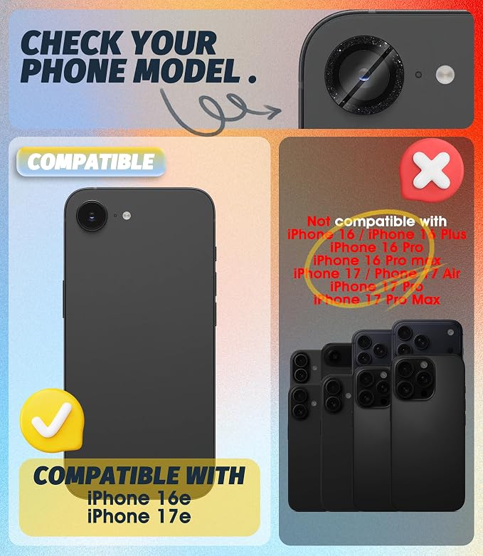 (3 Pack) Orzero Camera Lens Protector for iPhone 17e / iPhone 16e, [EZ Install] [Case-Friendly] 9H Tempered Glass Bling Lens Cover Accessories, Military-Grade Shockproof, HD Clarity Anti-Glare - Glitter Black - Image 2
