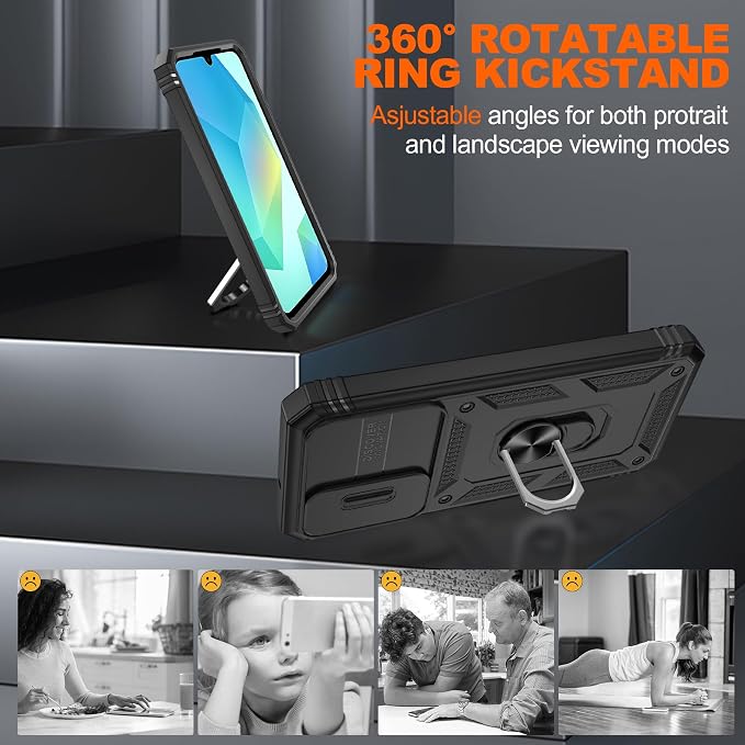 for Samsung Galaxy A06 Phone Case with 2PCS Screen Protector, Build in 360° Rotating Ring Kickstand, Military Grade Protective Case for Samsung A06 Phone, Black - Image 7