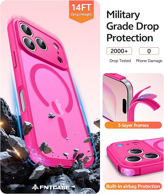 FNTCASE for iPhone 17 Pro Case, Fit for Magsafe, Screen Protector, Hot Pink | Full Camera Protection, Translucent Matte, 14FT Military Grade Drop Proof, Shockproof Protective Phone Cover - Image 5