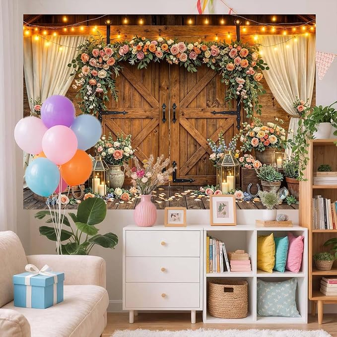 10x10ft Western Wedding Backdrop Rustic Barn Door Photography Backdrop Farmhouse Pink Flower Cabin Wooden Birthday Baby Shower Country Anniversary Bridal Party Banner Photo Booth Props Background - Image 3