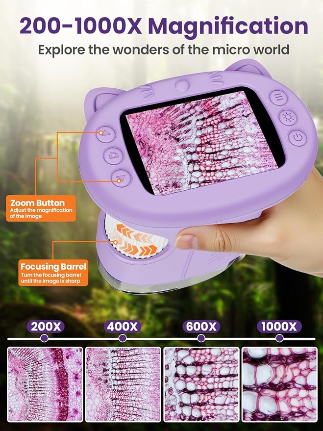 Microscope for Kids, 2.4 Inch Digital Microscope with 1000X Magnification, Handheld Camera Mini Pocket Magnifying Glass, Educational Birthday Gifts Toys for Ages 3+, Purple - Image 4