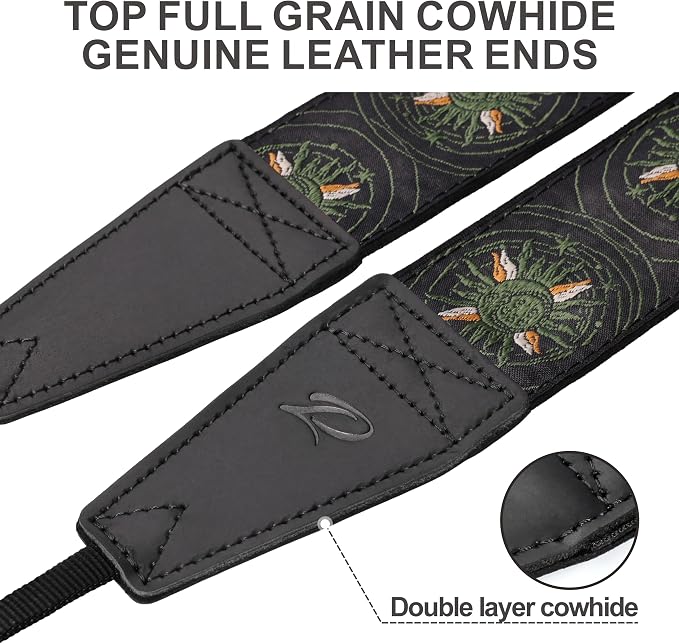 Padwa Lifestyle Green Sun God Camera Strap - 2" Full Grain Leather Ends Camera Straps for Photographers, Vintage Embroidered Cotton Soft Suede Fabric Padded Strap Quick Release fits All Cameras - Image 2