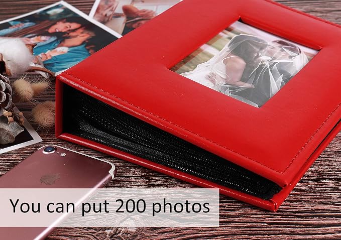 RECUTMS Photo Album 200 Photos 4x6 Pictures Leather Albums for Family Red | Black Page, Horizontal Pockets, Wedding Anniversary Baby Memory Book, DIY Cover Window, Small Photobook, 200 Photo Slots - Image 2