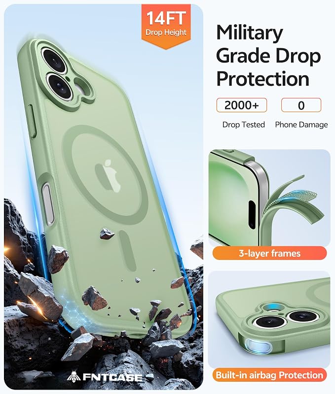 FNTCASE for iPhone 16 Plus Case, Fit for Magsafe, Screen Protector | Full Camera Protection, Translucent Matte, 14FT Military Grade Drop Proof, Shockproof Protective Phone Cover，Light Moss - Image 5