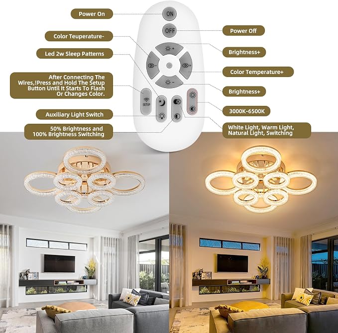 Modern Ceiling Light, 8 Rings 26.8'' Dimmable LED 106W Flush Mount Ceiling Lights with Remote Acrylic Crystal Round Ceiling Light Fixture, Bedroom Living Room Dining Room, Gold - Image 8