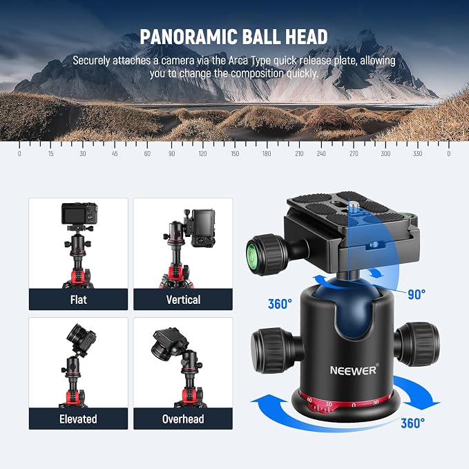NEEWER 79 inch Camera Tripod Monopod with Center Column and Ball Head Aluminum, Arca Type QR Plate, Bag, Horizontal Tripod Overhead Camera Mount for DSLR Camera, Video Camcorder, Max Load: 33lb - Image 4