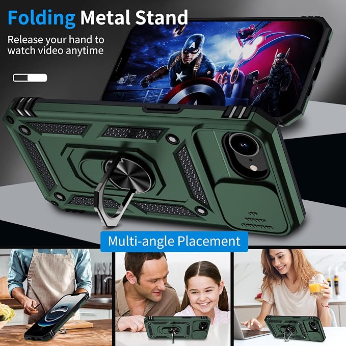 for iPhone 17e Case & iPhone 16e Case with 2X HD Screen Protector & Slide Camera Cover & Rotated Ring Kickstand, Rugged Heavy Duty Protective Phone Case for iPhone 17e/16e 6.1", Pine Green - Image 3