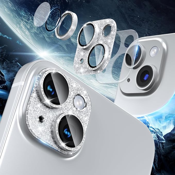 [2 Pack] Bling Camera Lens Screen Protector for iPhone 15/15 Plus with 9H Tempered Glass Aviation Aluminum Plate Cover Metal Ring,Night Circle,No Bubble,HD Clarity,Easy Installation-Glitter Silver - Image 2