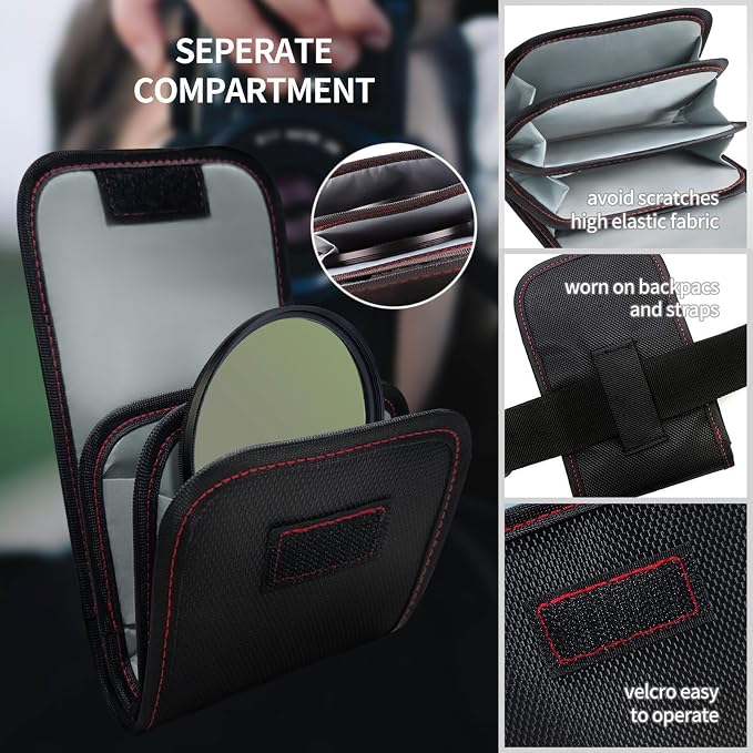 Professional Photography Filter Bag, 3-Pocket Camera Lens Filter Bag Entrainment, Waterproof And Dustproof Anti-Fall Design Suitable for 25mm-82m Filters, Pack of 2 (Red) - Image 3