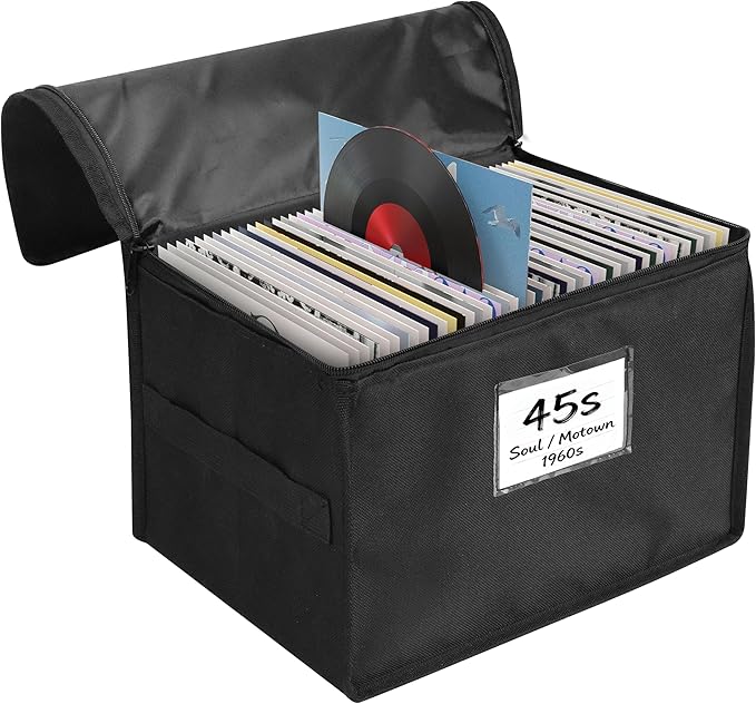 Vinyl Record Storage Box, Waterproof Organizer Storage with Lid & Handles for 60 (7-inch) Single Records, Foldable Organizer for Valuable Album Collection by Bonnary