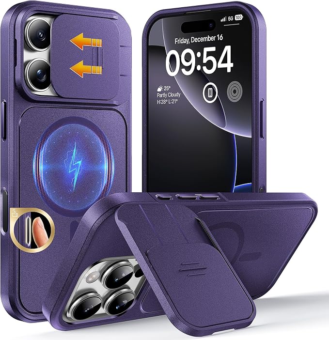 TOCOL for iPhone 16 Pro Max Case with Slide Camera Cover, Kickstand and Camera Control Button, Fit for MagSafe, Rugged Solid Phone Case, Non-Slip, Drop Protection, Midnight Purple by TOCOL