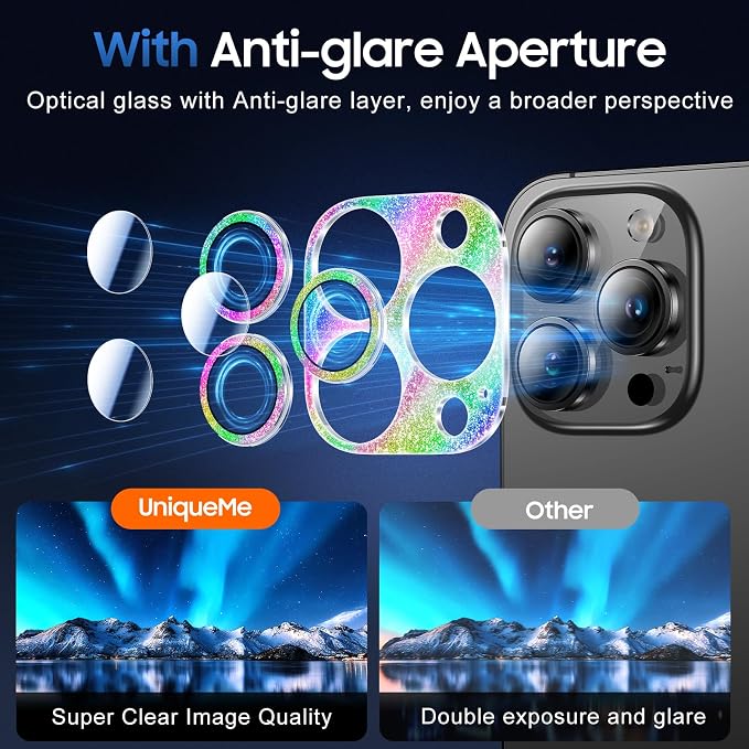 UniqueMe for iPhone 14 Pro Max/14 Pro Camera Lens Protector Bling Colorful | 3 Pack-Acrylic, Not Glass, Case Friendly, Scratch-Resistant, Night Shooting Mode - Image 3