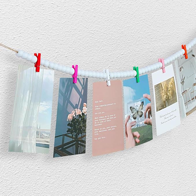 KLOGTSIND Hanging Photo Display with Clips, 3PCS Wood Bead Garland Banner | Photo String Banner with 10 Clips for Bedroom Room Dorm Cubicle, Picture Cards Artwork Display, Christmas Teen Girls Gifts - Image 4