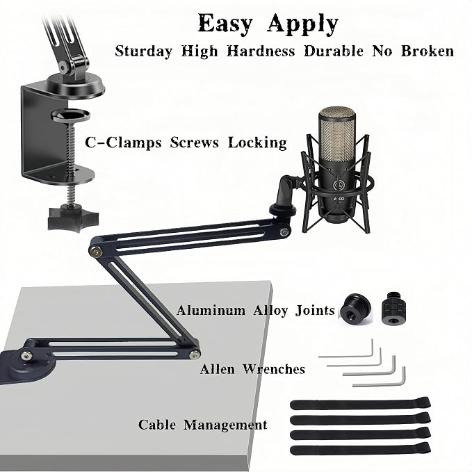 Low Profile Mic Boom Arm, 360° Rotatable 3-Section Foldable Desk Microphone Stand, 2.5kg Heavy Duty C Clamp Mic Mount with 1/4 3/8 5/8 Screw Adapter for Streaming Podcast(C Clamp Mount) - Image 6