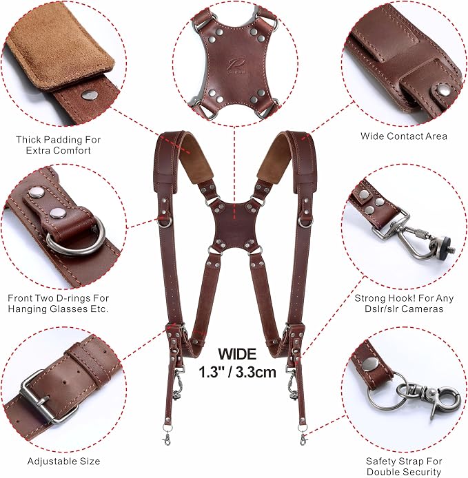 Padwa Lifestyle Dark Brown Dual Camera Harness for Two Cameras - Wide Strap with Thick Shoulder Padded,Full Grain Leather Double Harness,Multi Camera Gear for DSLR Strap for Photographers - Image 2