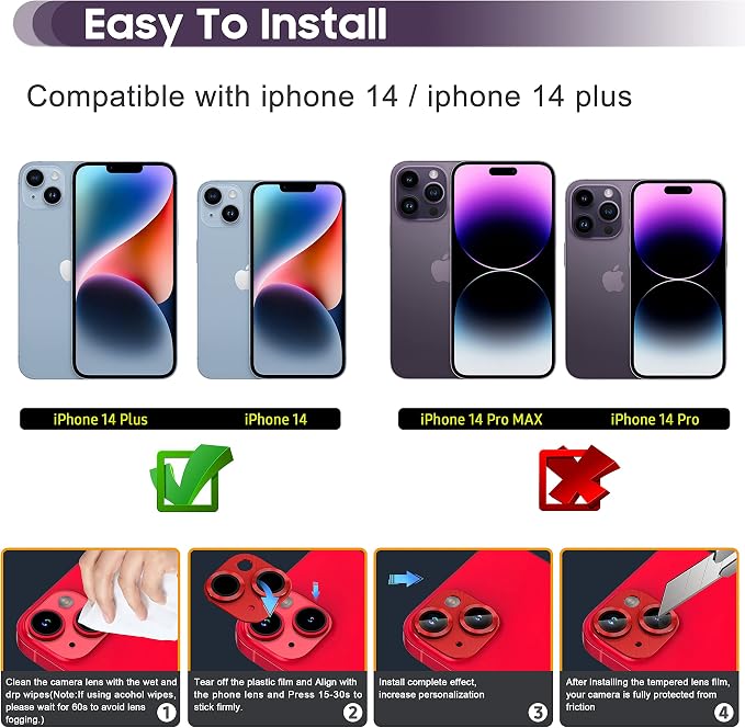 Suoman for iPhone 14 6.1 inch/iPhone 14 Plus 6.7 inch Camera Lens Protector, 9H Tempered Glass Film, [Does not Affect Night Shots] Metal Lens Protective Cover -Red - Image 2