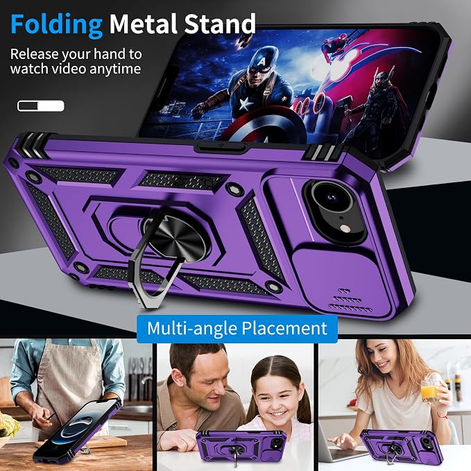for iPhone 17e Case & iPhone 16e Case with 2X HD Screen Protector & Slide Camera Cover & Rotated Ring Kickstand, Rugged Heavy Duty Protective Phone Case for iPhone 17e/16e 6.1 inch, Purple - Image 3