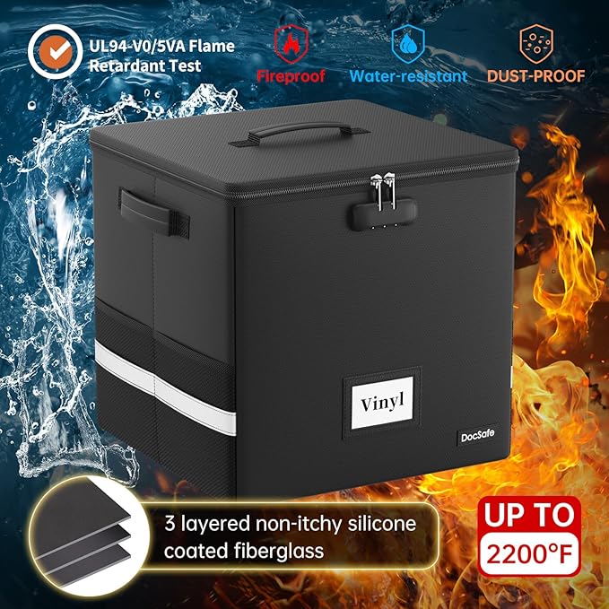 DocSafe Vinyl Record Storage Box with Lock,Fireproof＆Water Resistant Record Organizer Storage for 100+ Single Records(12-inch),Collapsible Storage Crate with Lid&Handles for Valuable Album Collection - Image 2