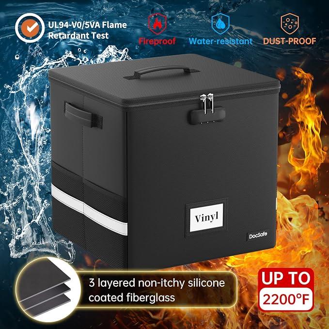 DocSafe Vinyl Record Storage Box with Lock,Fireproof Record Organizer Storage for 100+ Single Records(12-inch), Collapsible Storage Crate with Lid & Handles for Valuable Album Collection,Black,2 Pack - Image 2
